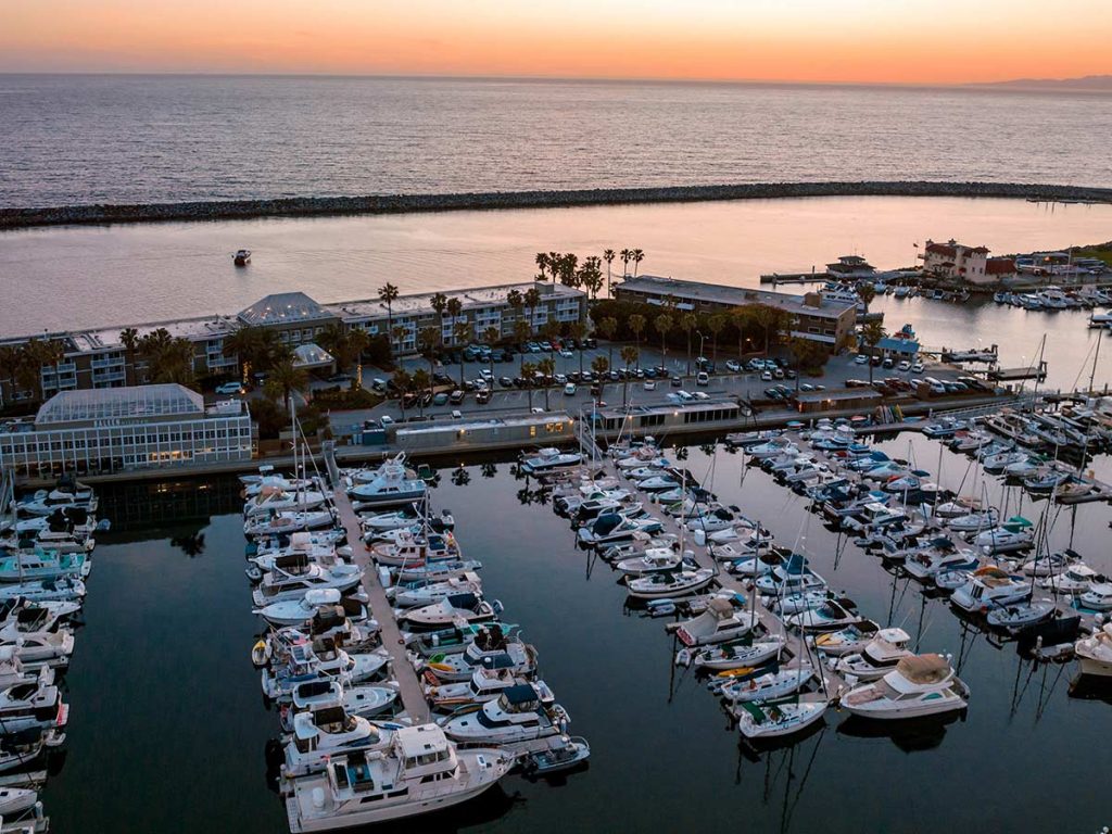 Marina view with boat in slips